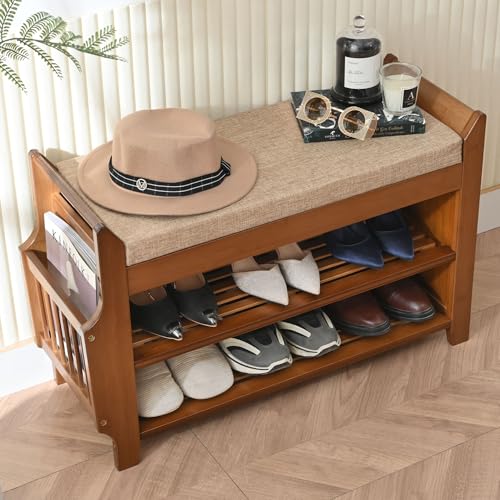 Petkaboo 31.5-Inch Bamboo Shoe Bench with Hidden Drawer & Side Holder