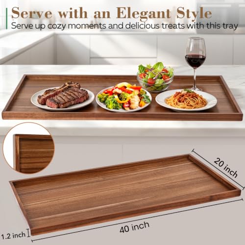 Oversized Acacia Wood Ottoman Tray - 40 x 20 Inches Natural Finish