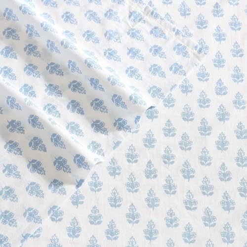 Full Size Floral Block Print Cotton Sheet Set with Deep Pocket Fitted Sheet - Francesca Blue
