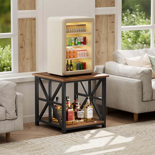 GreenForest Walnut 24-Inch Large End Table with X-Shaped Metal Frame, 2-Tier Storage