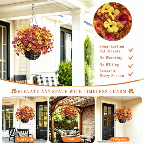 Artificial Fall Flowers Hanging Baskets - 2 Pack Outdoor Autumn Decor