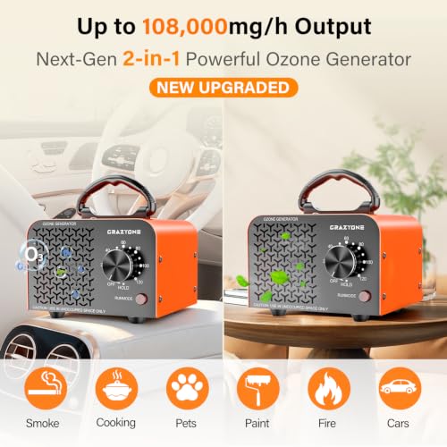 Orange Portable 2-in-1 Ozone Generator 108,000mg/h for Home & Car Odor Removal