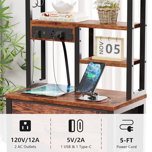 Furnulem 45.3-Inch Rustic Brown 3-Drawer Tall Nightstand with LED Lights & Charging Station