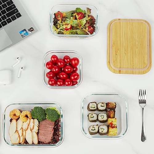 Glass Food Storage Containers Set of 4 with Bamboo Lids - Multi-Size Meal Prep
