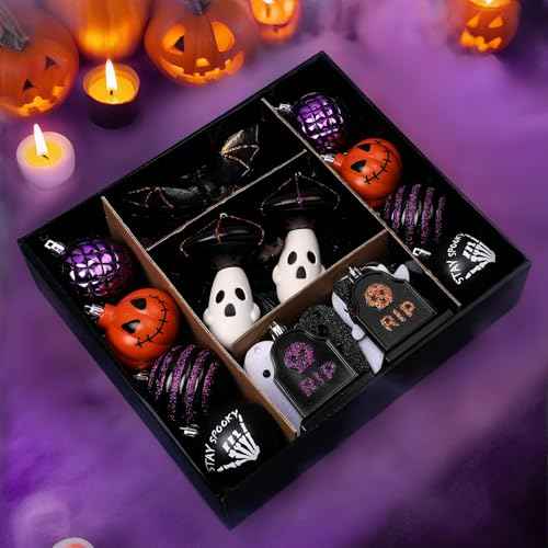 Alupssuc 70pcs Clearance Halloween Tree Ornaments Set,Multiple Patterns Shatterproof Plastic Hanging Balls Decorations with Rope for Indoor Outdoor Halloween Party,Black & Orange & Purple