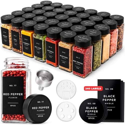 Glass Spice Jars with Labels and Black Steel Lids - 36 Pack, Space Saving Seasoning Storage