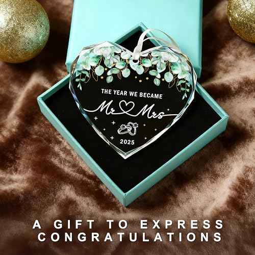 Mr and Mrs Glass Ornament-Wedding Gifts for Couples, Bridal Shower Present for Bride, 1st Married Heart Shape Ornament