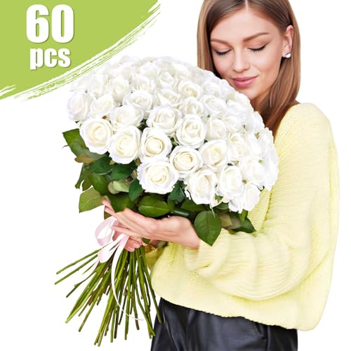 Artificial Roses Bulk - White Velvet Silk Flowers, 60 Long Stems - Versatile Home & Wedding Decor