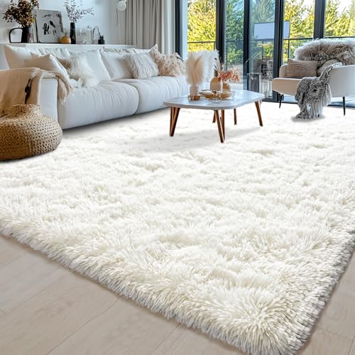 Awaytail Cream White 9x12 Area Rug - Super Fluffy Shag Carpet for Living Room & Bedroom