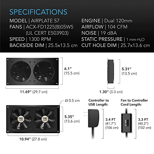 AC Infinity AIRPLATE S7 12-Inch Quiet Cabinet Cooling Fan with Speed Controller