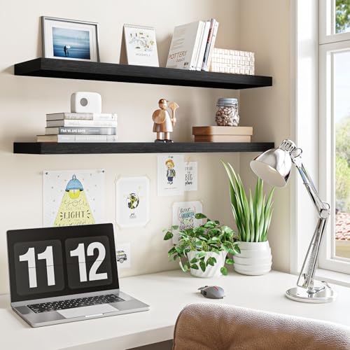 Fixwal Floating Wall Shelves Set of 2 - Black Woodgrain, 35.4 Inches