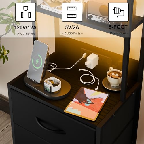 Fixwal 41 Inch Black Nightstand with Charging Station & 3 Drawers, RGB LED