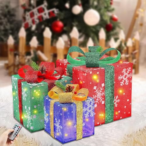 Lightess Snowflake Christmas Lighted Gift Boxes Set of 3 - Battery Operated Indoor Outdoor Holiday Decor