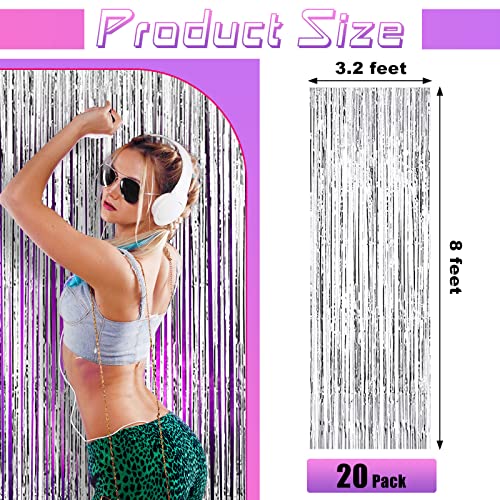 20 Pack Silver Foil Fringe Curtains 8ft Metallic Tinsel Backdrop for Parties