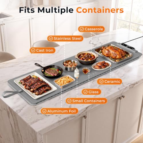 Gray 49x15 Inch Electric Food Warming Mat with 7 Heat Levels & 8-Hour Timer
