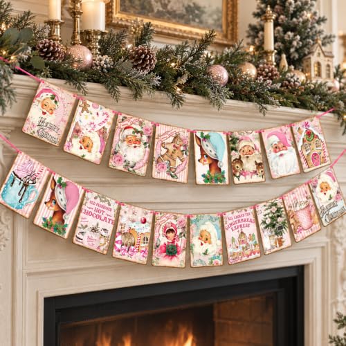 Pink Christmas Banner Garland with Santa, Reindeer & Merry Christmas Letters