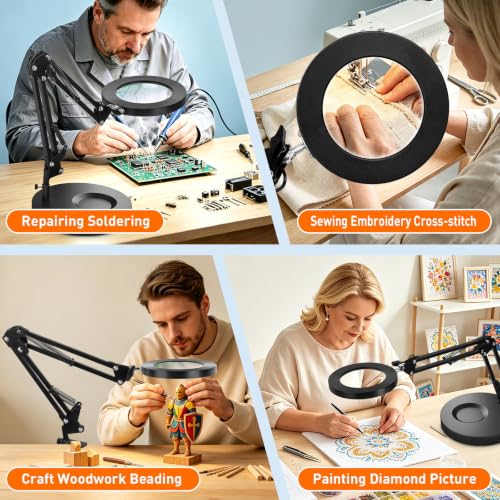 KIRKAS 12X Magnifying Glass with Light & Stand, Black, 9.06in Clamp & Base
