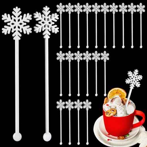30 Pcs Christmas Drink Stirrers Xmas Stir Stick Holiday Coffee Swizzle Stick Reusable Plastic Hot Cocoa Bar Chocolate Decoration Cocktail Mixer(Snowflake,White)