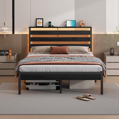 Full Size Metal Platform Bed Frame with Headboard LED USB Storage No Box Spring Black
