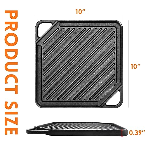 GGC 10x10 Reversible Cast Iron Grill & Griddle for Single Burner Stove