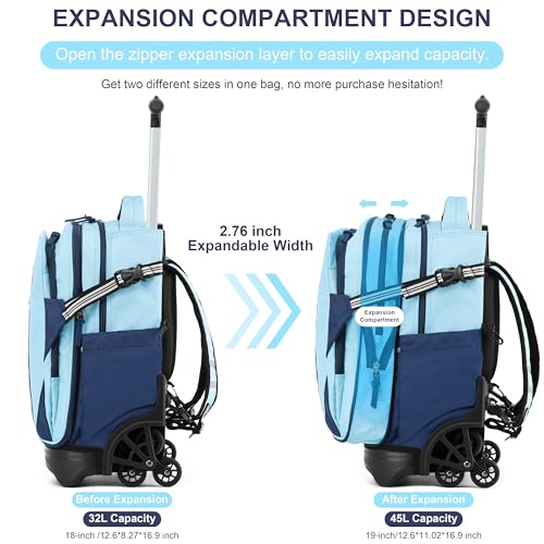 Sky Blue 18 Inch Expandable Stair-Climbing Rolling Backpack for School