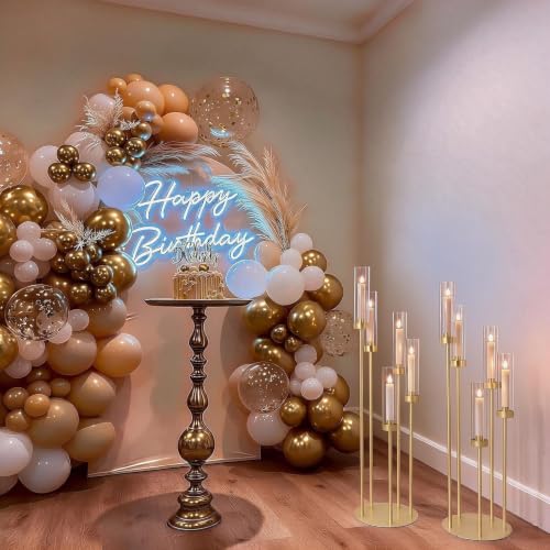 2PCS Gold Floor Candle Holders with Acrylic Lampshades - 5 Arm Candelabra Set - Elegant Event Decor