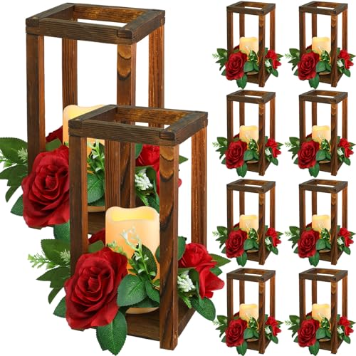Wooden Wedding Lantern Centerpieces with Red Rose & LED Candles - Rustic Decor Set