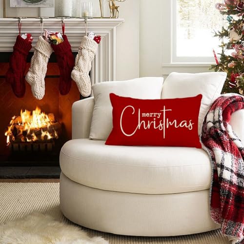 RABUSOFA Christmas Pillow Cover 12x20 Red Holiday Home Decor, Pack of 1