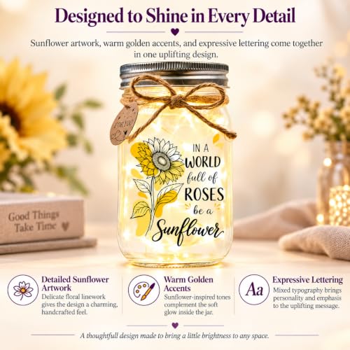 Sunflower Gifts for Women, Birthday Mason Jar Night Light