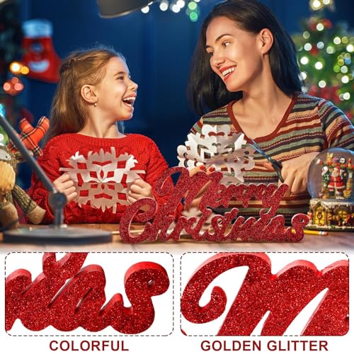 Kathfly Red Glitter Merry Christmas Wood Block Sign Standing Decor