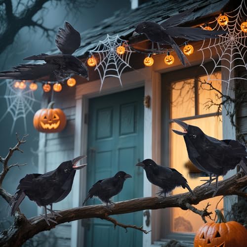 YOFIT 6 Pack Halloween Fake Crow Decorations - Realistic Black Crow Props, Style 2