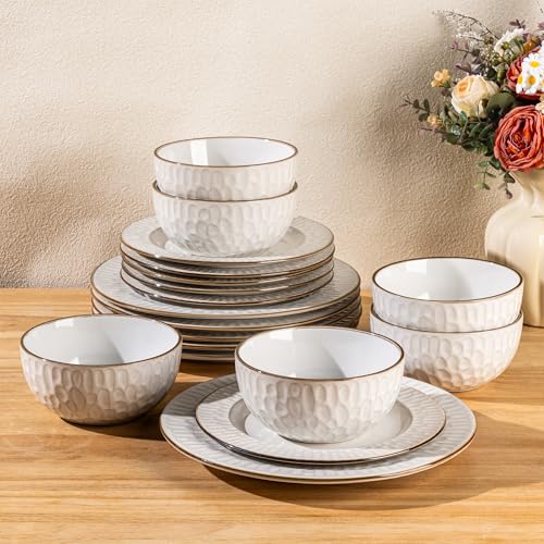 Pearl White Bubble 18-Piece Ceramic Dinnerware Set for 6 - Plates & Bowls