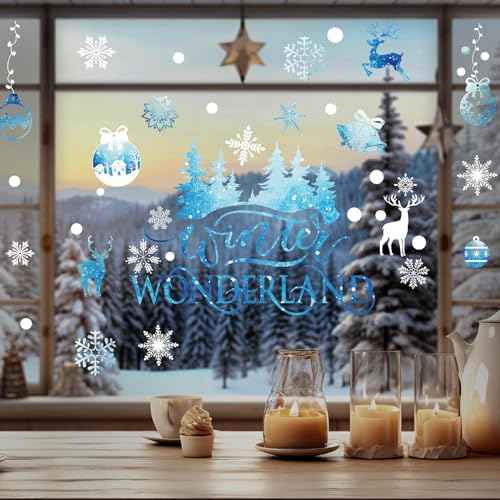 Cinrobiye 172Pcs Christmas Snowflake Window Clings Winter Wonderland Decal Stickers Let it Snow Reindeer Snowman Window Seasons Decals for Elk Snowball Holiday Home Kitchen Living Room,9 Sheets
