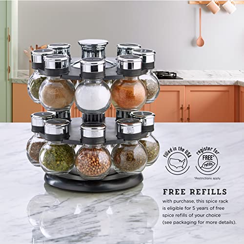 16-Jar Revolving Spice Rack with Clear Labeled Caps & Removable Sifters