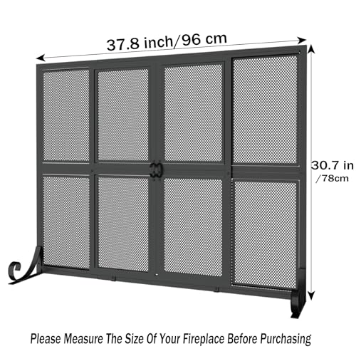 Fireplace Screen with Sliding Doors - Wrought Iron Spark Guard Cover 37.8 x 30.7 inches
