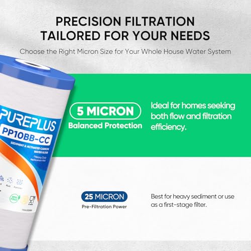 4 Pack 10x4.5 Inch Whole House Sediment & Carbon Water Filter - 5 Micron