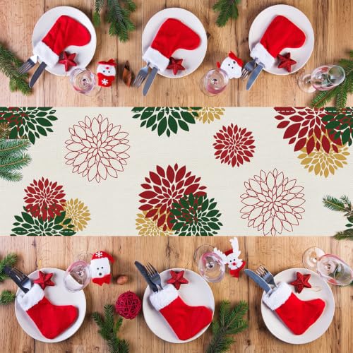 WHOMEAF Red Green Dahlia Burlap Table Runner 90 Inch – Christmas & New Year