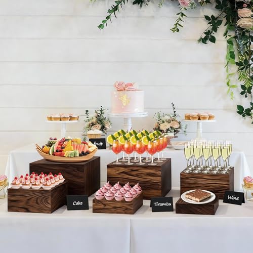 Wood Buffet Risers and Stands Set with Food Signs - Rustic Cake Display
