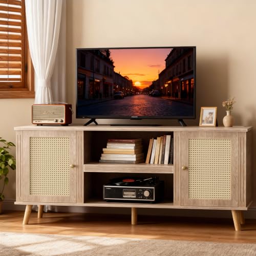 Natural Rattan TV Stand for 65 Inch TVs with Charging Station, Mid Century Modern Entertainment Center, Boho Media Console with Storage & Shelves - 59"