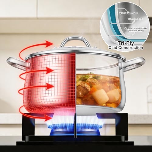 8QT Tri-Ply Stainless Steel Induction Stock Pot with Lid - Heavy Duty Cooking