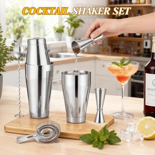 Silver Cocktail Shaker Set - 15-Piece Bartending Kit for Home & Bar