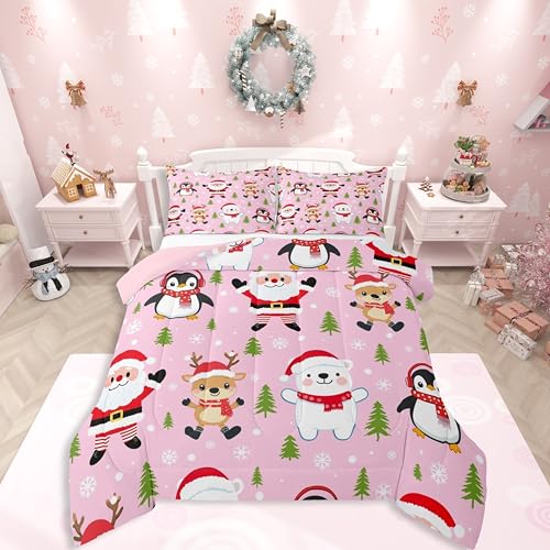 Feelyou Santa Claus Christmas Comforter Set Twin 2 Pcs - Pink/Red/White