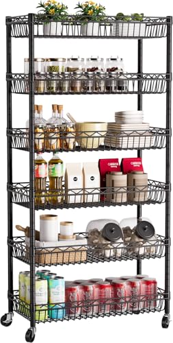 Black 6-Tier Metal Wire Shelf with Wheels - Narrow Closet & Pantry Storage Unit