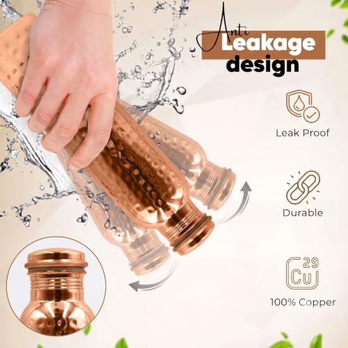 Hammered Copper Water Bottle 34 Oz Extra Large Leak-Proof Drinking Flask with Canvas Bag