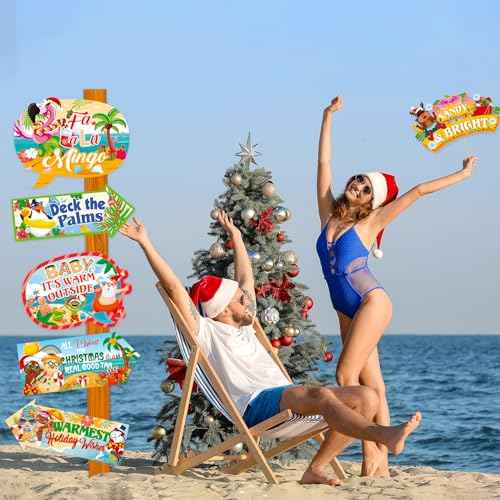 HOWAF 20pcs Funny Tropical Christmas Party Sign, Hawaii Christmas Decoration Directional Sign, Beach Santa Holiday Party Photo Booth Props Kit, Beach Santa Holiday Party Sign with Wood Sticks