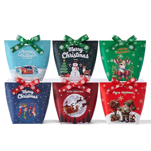 48 Pack Christmas Treat Bags 5.5x5x3.5 Inches with Ribbons & Festive Designs
