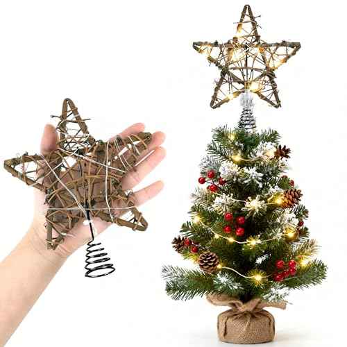 Christmas Tree Topper Rustic Christmas Tree Topper Star 6 Inch, Battery Operated Lighted Rattan Star Warm White Light Christmas Tree Decoration for Small Tabletop Christmas Trees