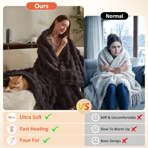 Electric Heated Blanket 50x60 Throw - Dark Grey Bubble Flannel Cozy Warmth