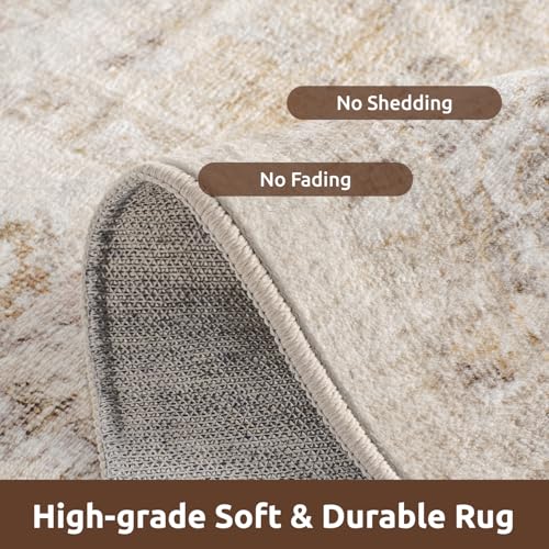 6ft Round Beige Rug for Living Room & Bedroom - Non Slip, Machine Washable