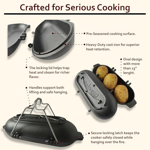 Cast Iron Potato Baker with Lid for Grill Oven & Campfire - Heavy Duty